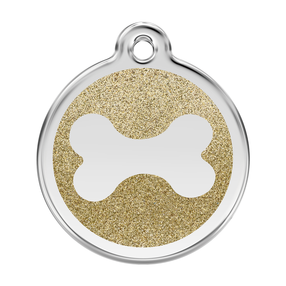 Stainless steel dog bone ID tag with gold glitter enamel center