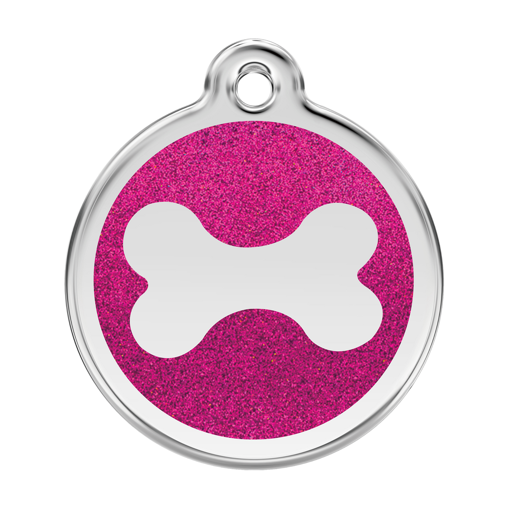 Stainless steel dog bone ID tag with hot pink glitter enamel center