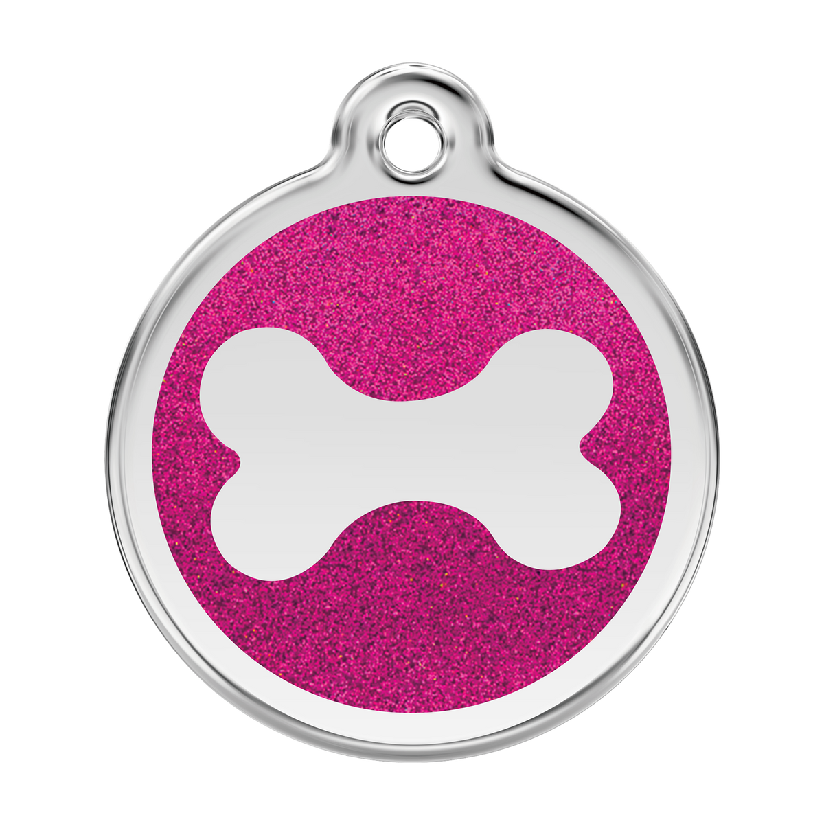 Stainless steel dog bone ID tag with hot pink glitter enamel center