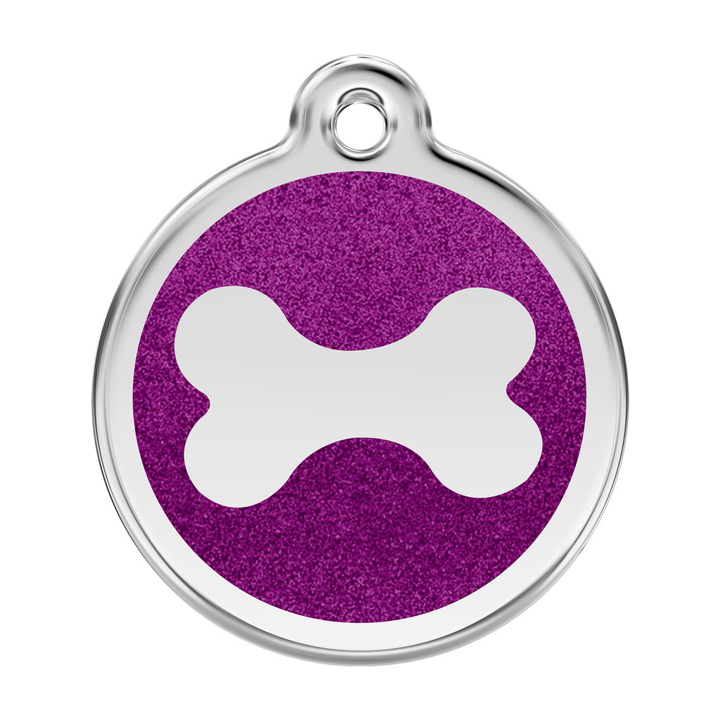 Stainless steel dog bone ID tag with purple glitter enamel center