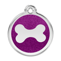 Stainless steel dog bone ID tag with purple glitter enamel center