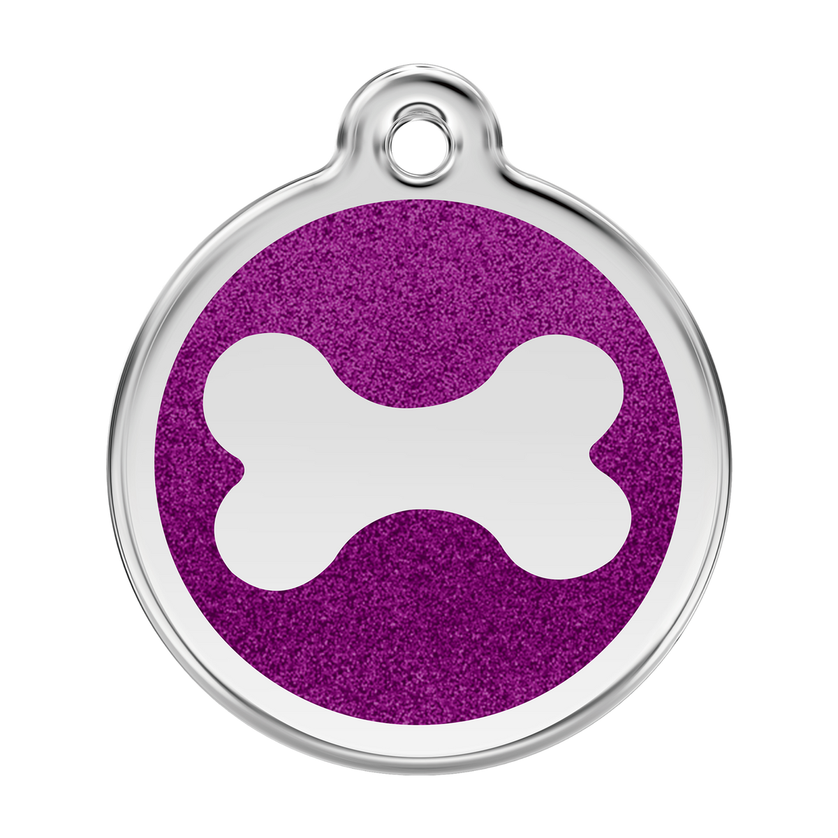 Stainless steel dog bone ID tag with purple glitter enamel center