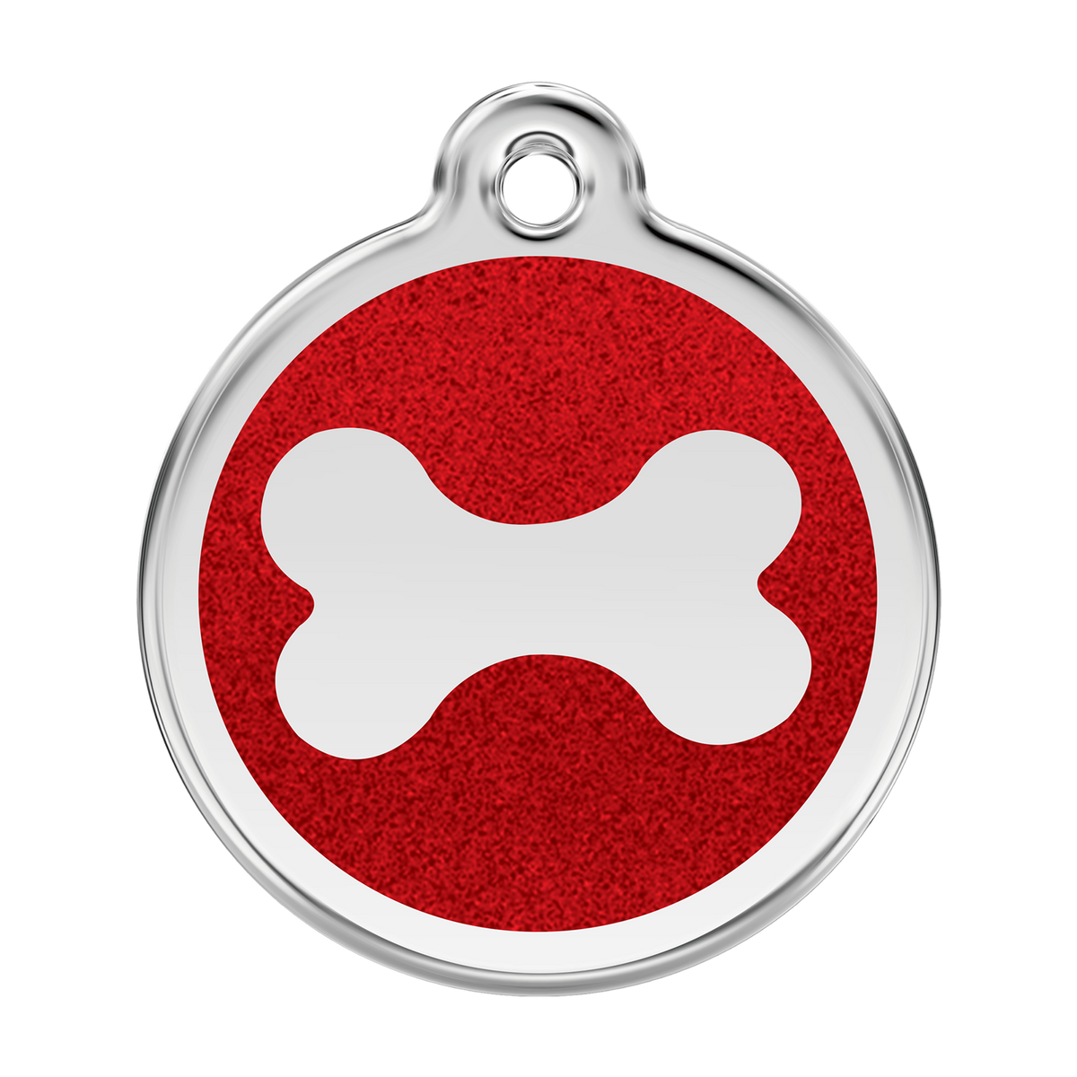 Stainless steel dog bone ID tag with red glitter enamel center
