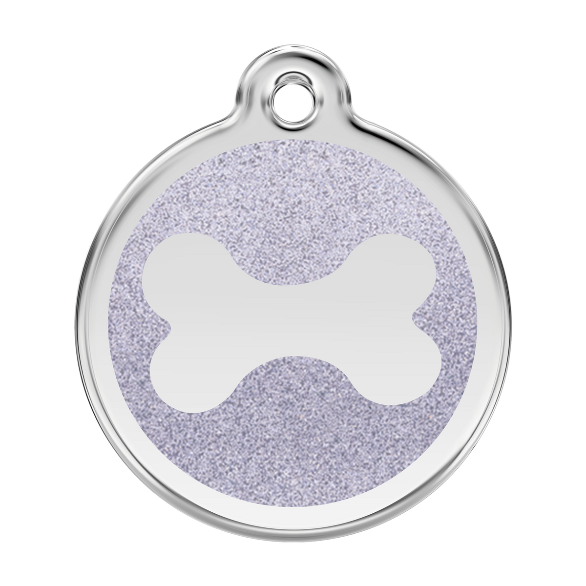 Stainless steel dog bone ID tag with silver glitter enamel center