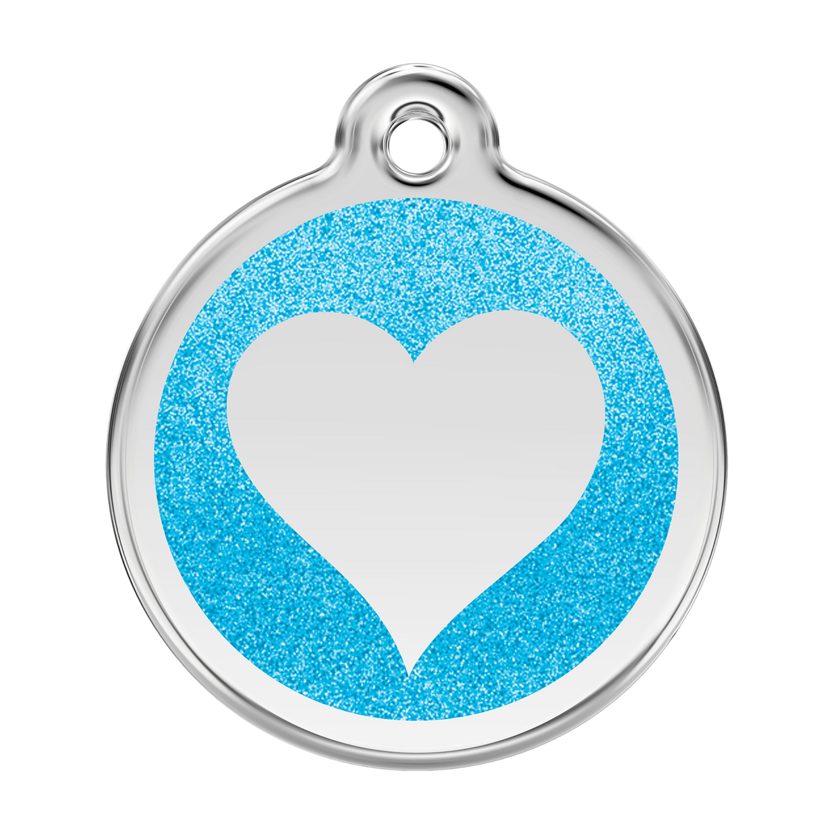 Glitter enamel heart dog tag with bright blue heart design and silver-tone border