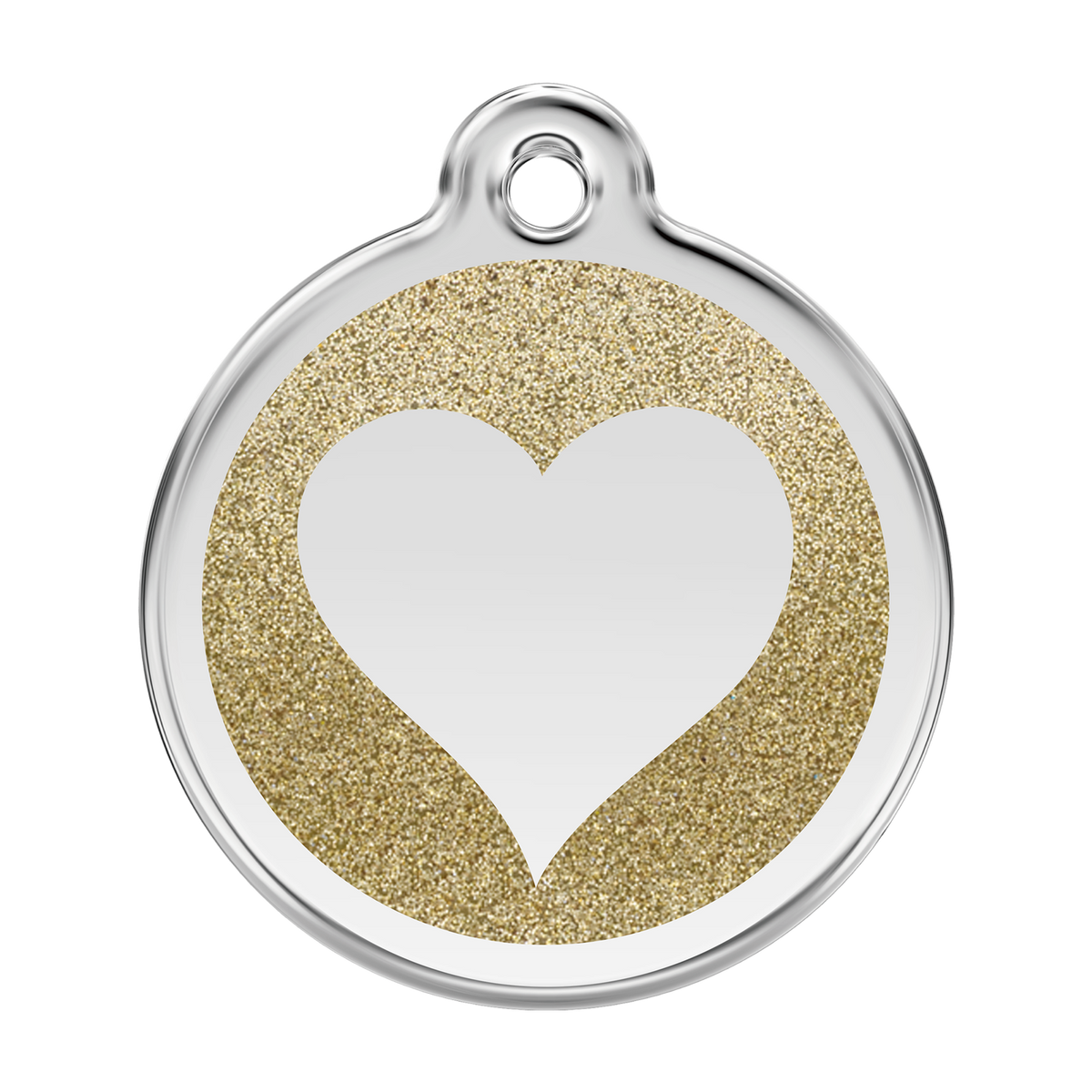 Glitter enamel heart dog tag with gold heart design and silver-tone border
