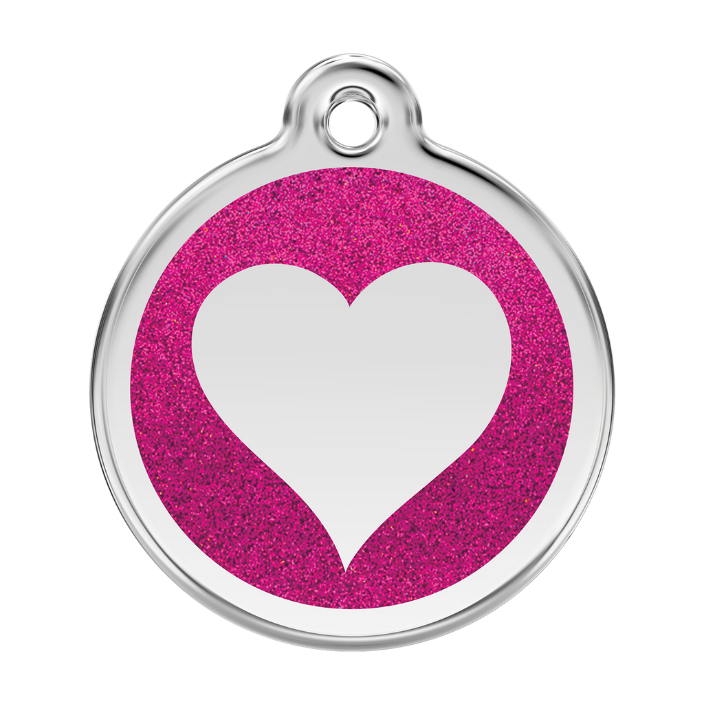 Glitter enamel heart dog tag with hot pink heart design and silver-tone border