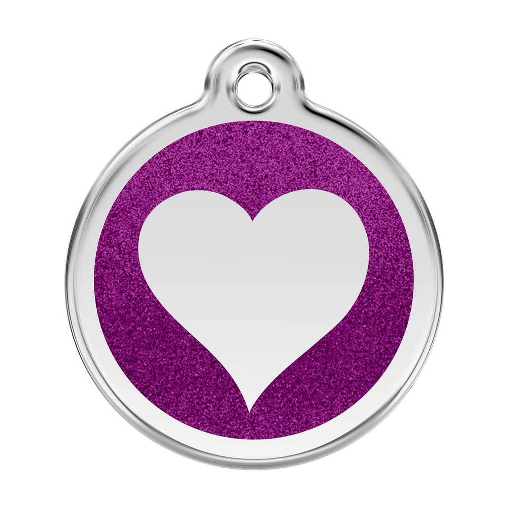Glitter enamel heart dog tag with purple heart design and silver-tone border