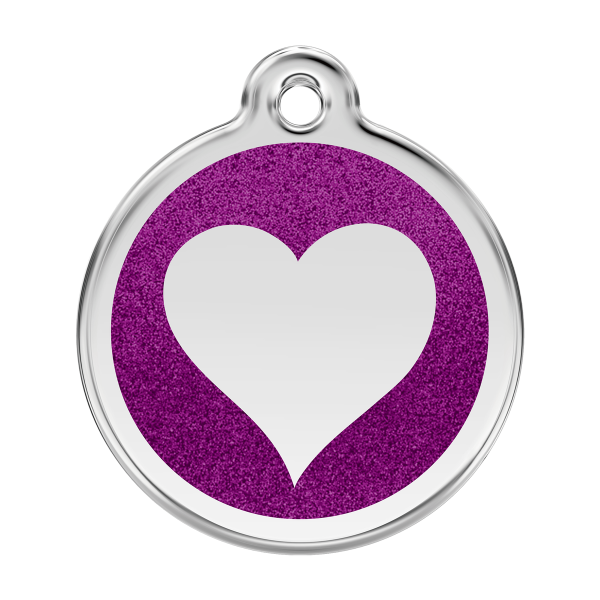 Glitter enamel heart dog tag with purple heart design and silver-tone border