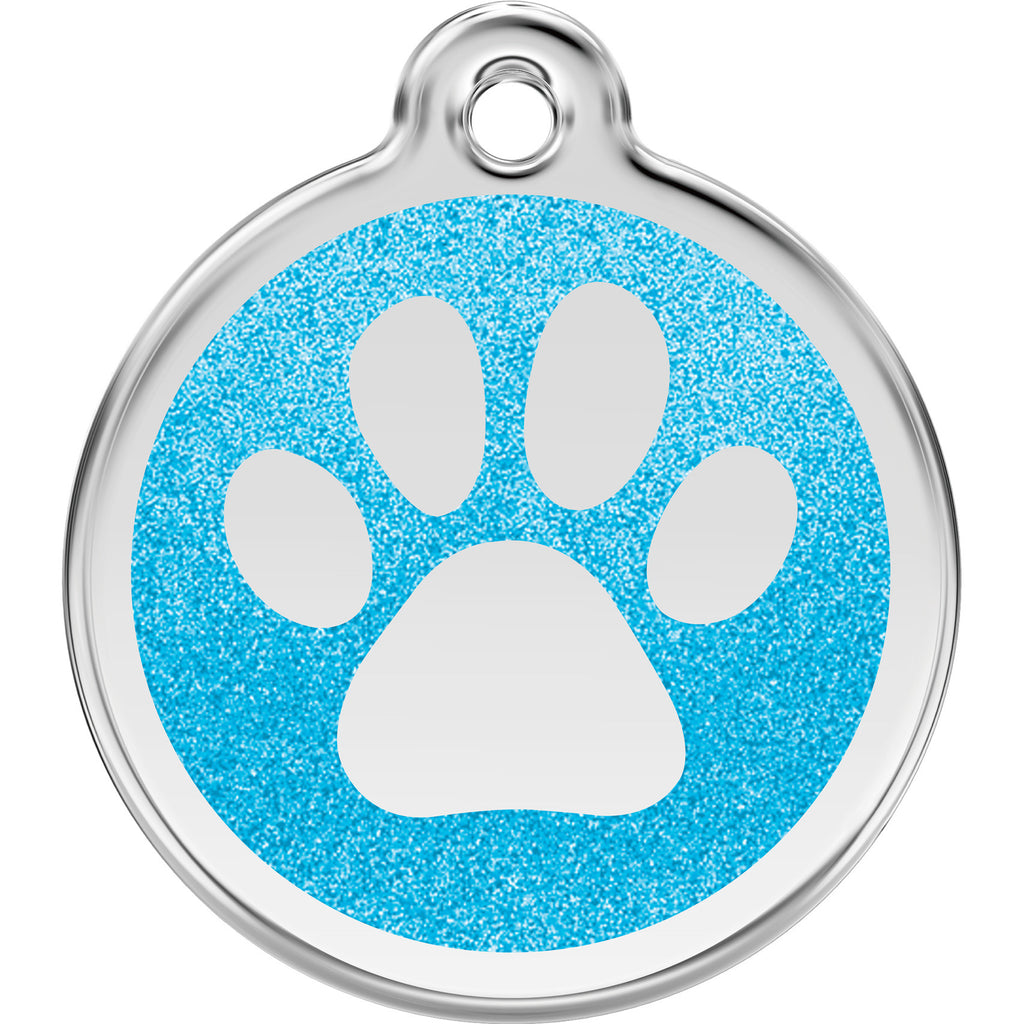 Stainless steel dog tag with aqua blue glitter paw print and round hanging loop