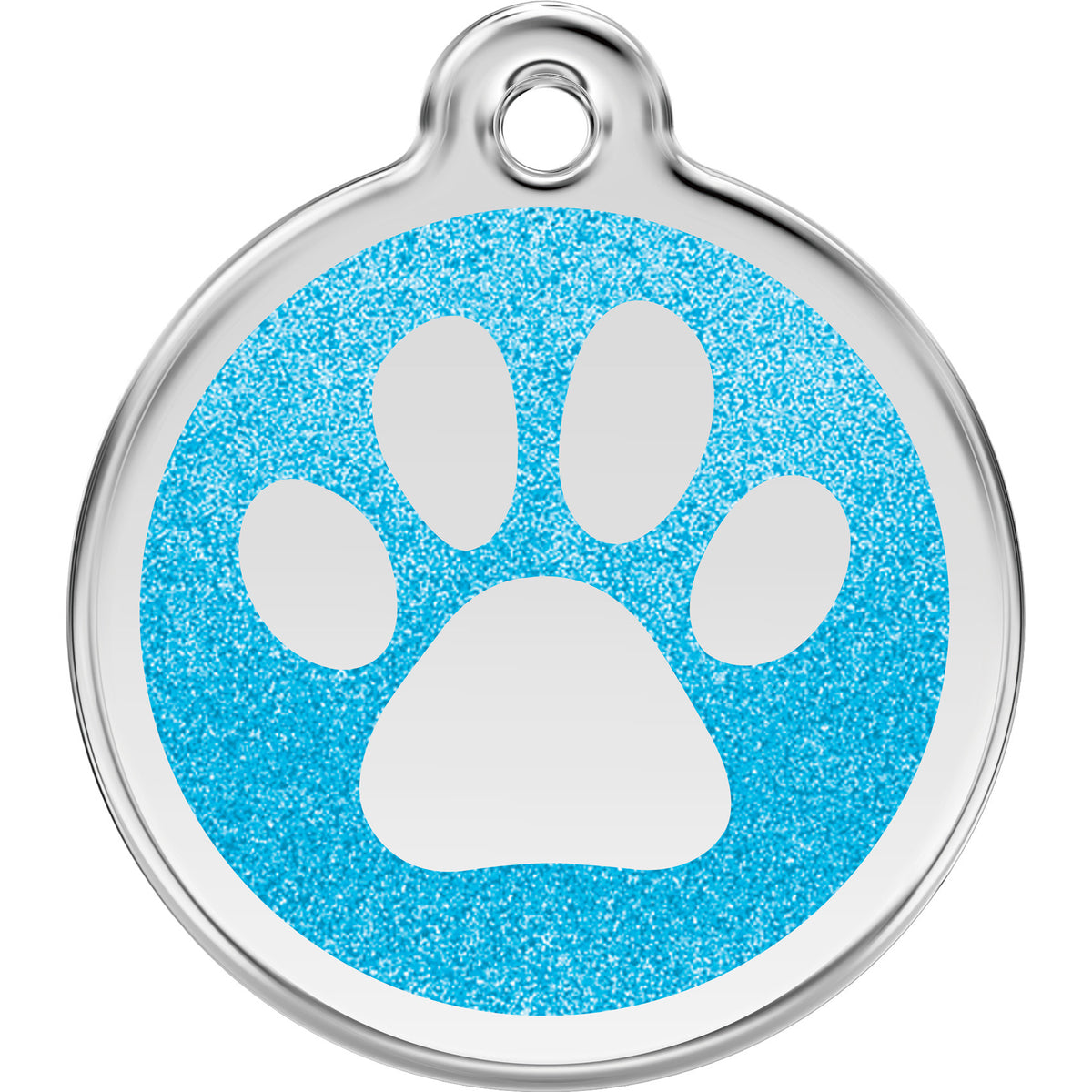 Stainless steel dog tag with aqua blue glitter paw print and round hanging loop