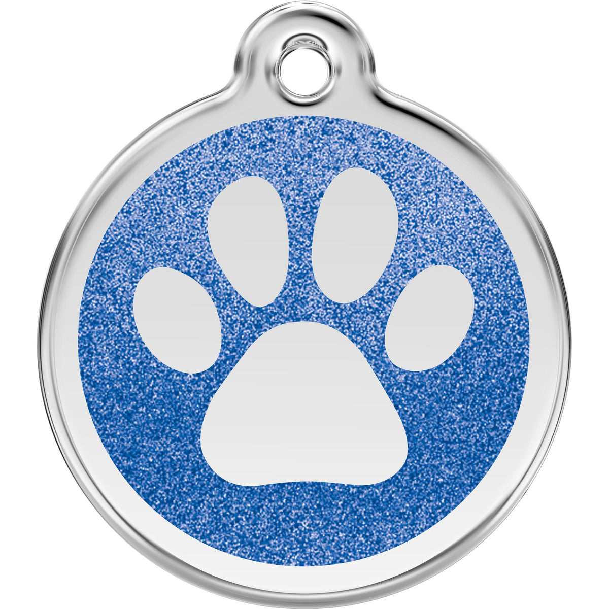Stainless steel dog tag with blue glitter paw print and round hanging loop