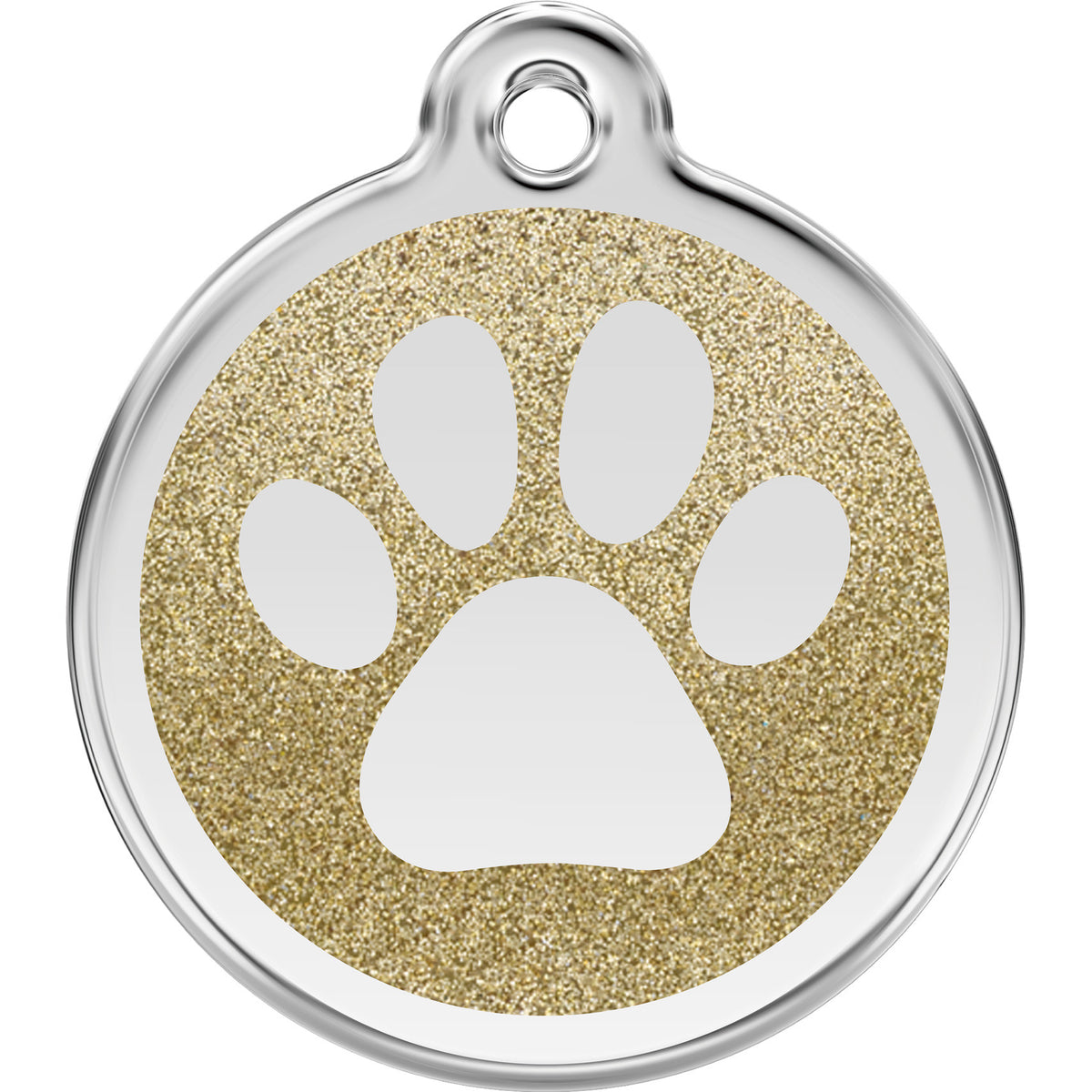 Stainless steel dog tag with gold glitter paw print and round hanging loop