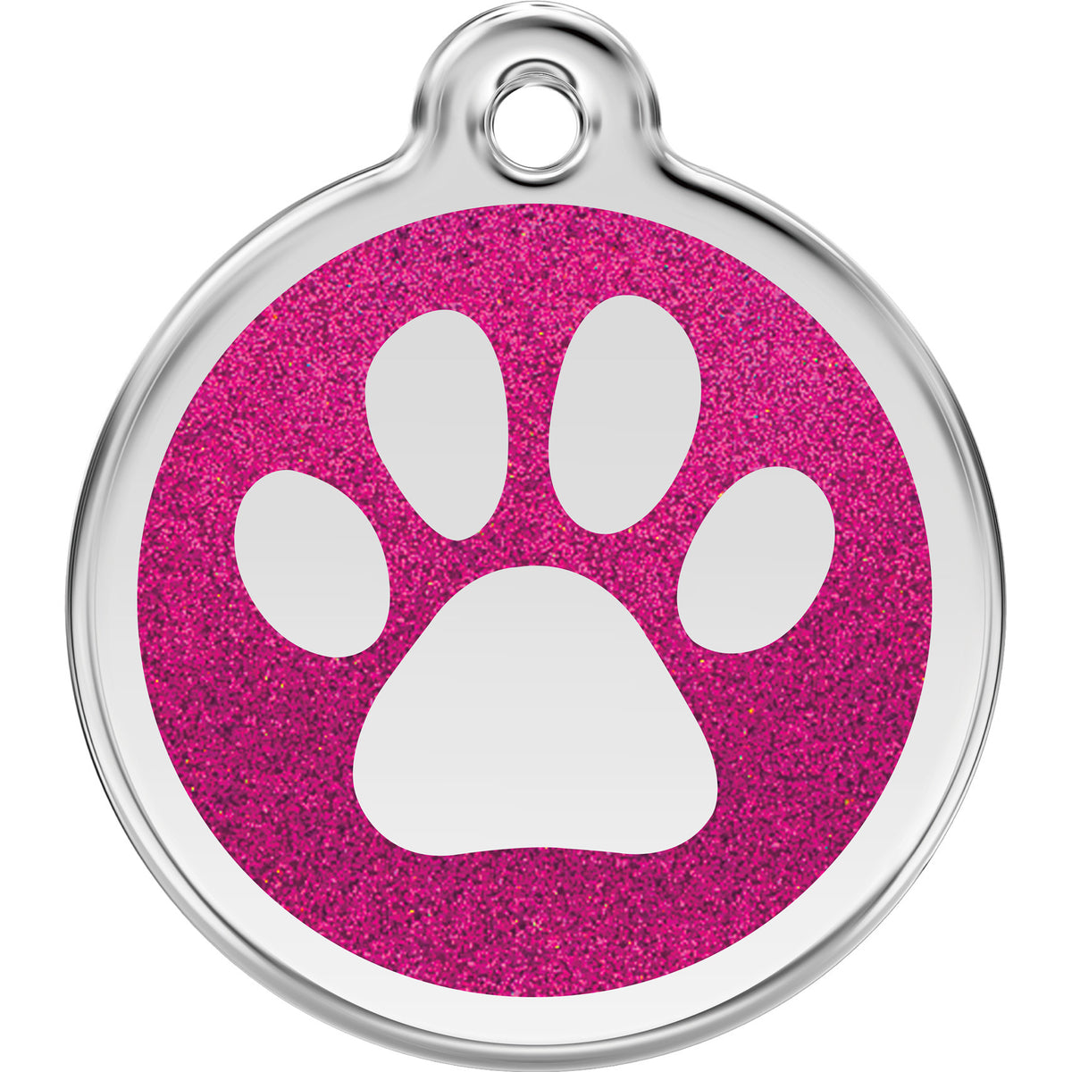 Stainless steel dog tag with hot pink glitter paw print and round hanging loop