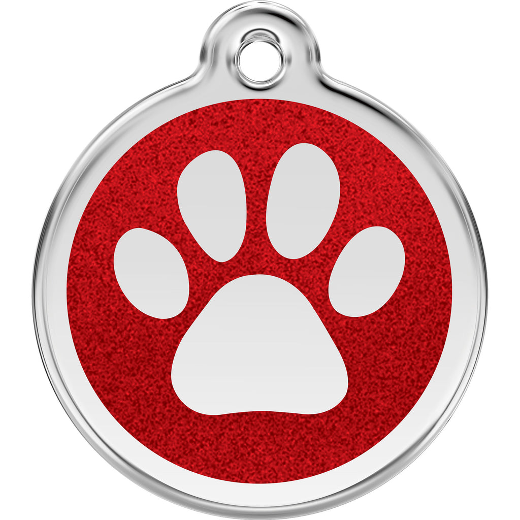 Stainless steel dog tag with red glitter paw print and round hanging loop