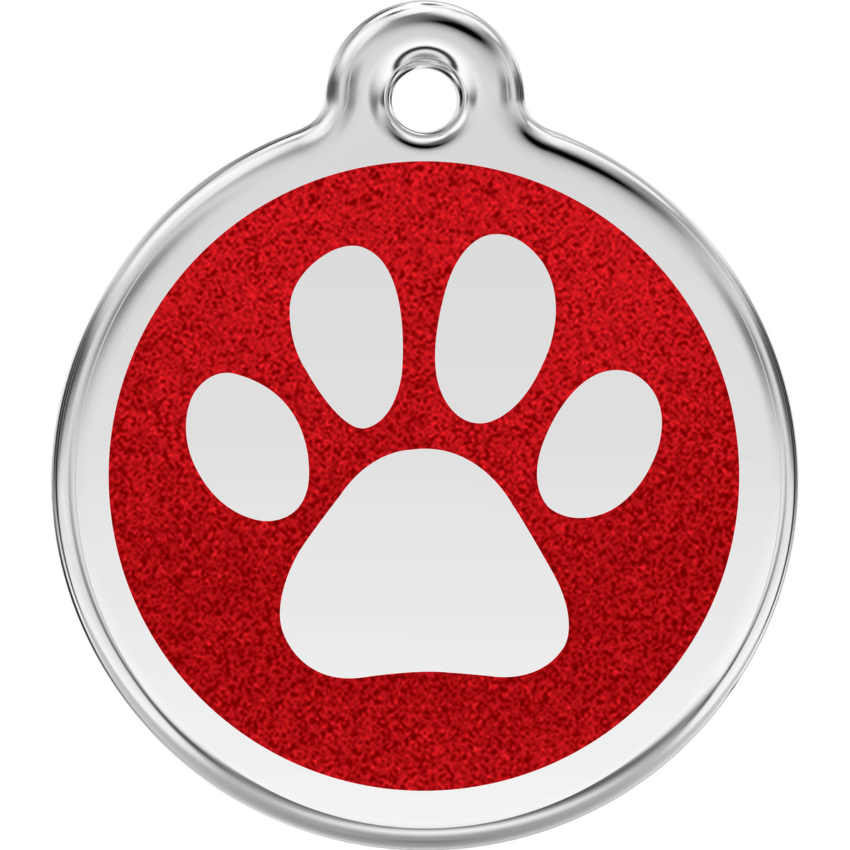 Stainless steel dog tag with red glitter paw print and round hanging loop