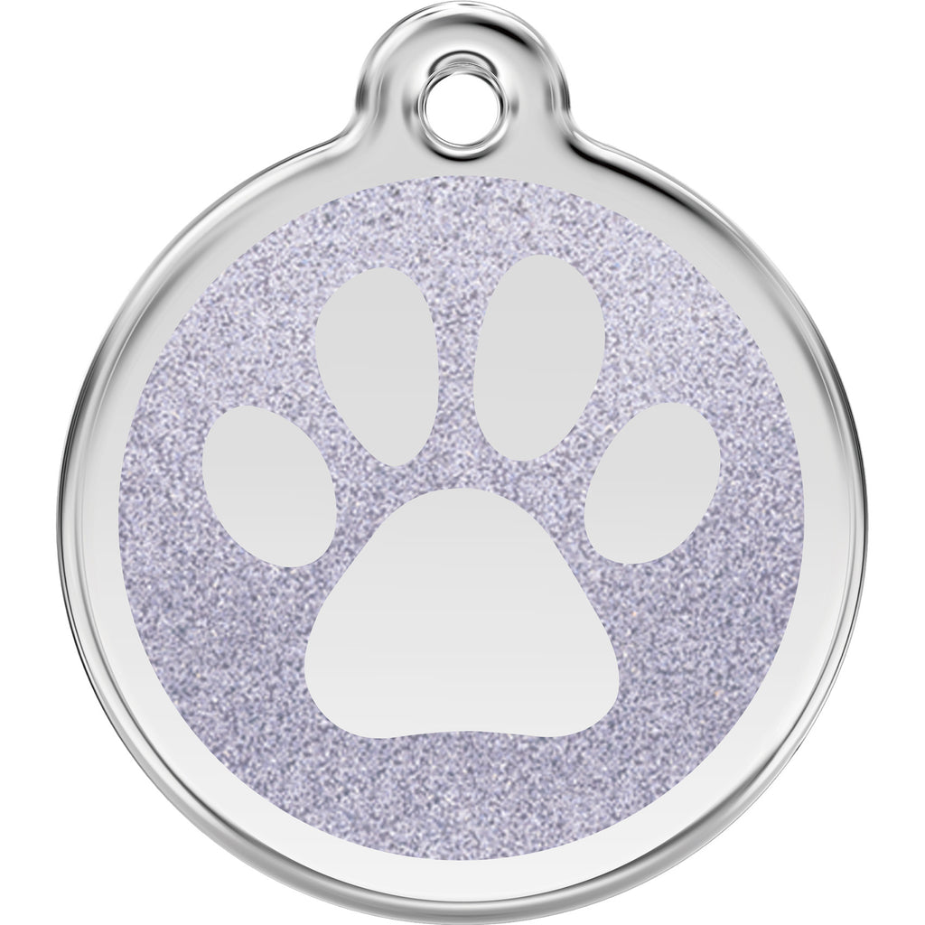 Stainless steel dog tag with light purple glitter paw print and round hanging loop
