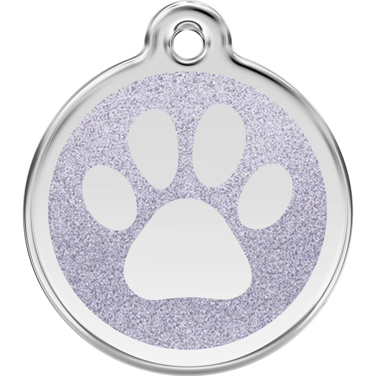 Stainless steel dog tag with light purple glitter paw print and round hanging loop