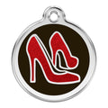 Stainless steel dog ID tag with red glitter enamel letter N on dark round insert