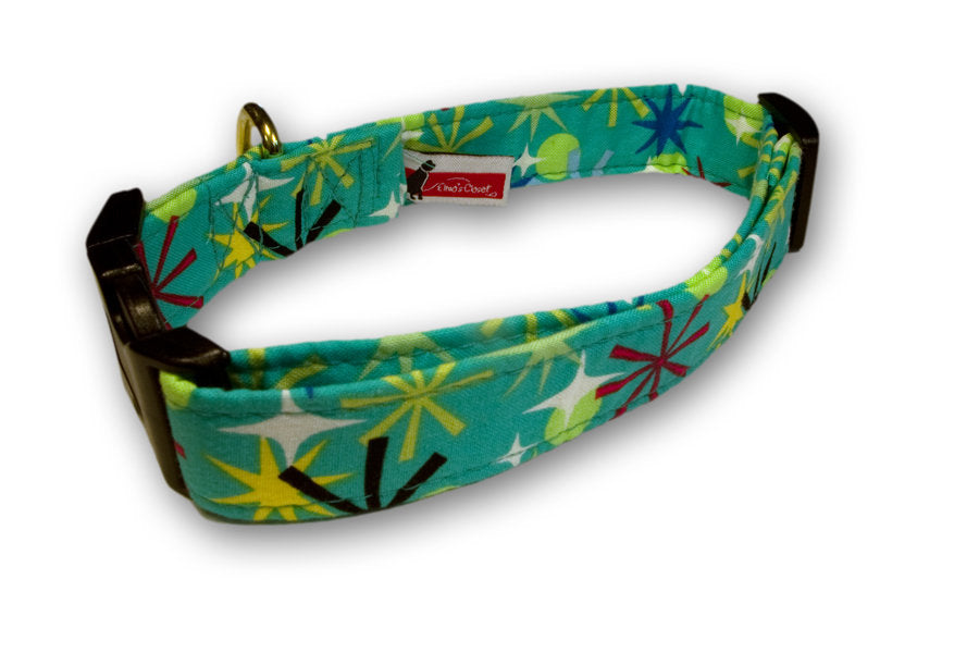 Elmo's Closet Starlite dog collar, teal fabric with colorful star pattern