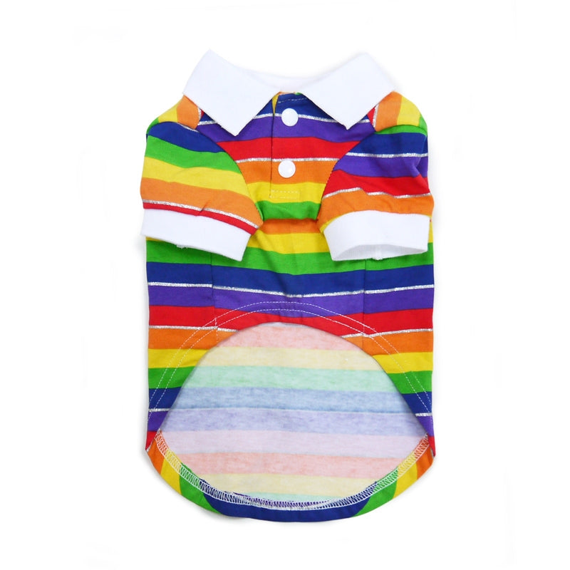 Rainbow striped dog polo shirt front with white collar and two button closures
