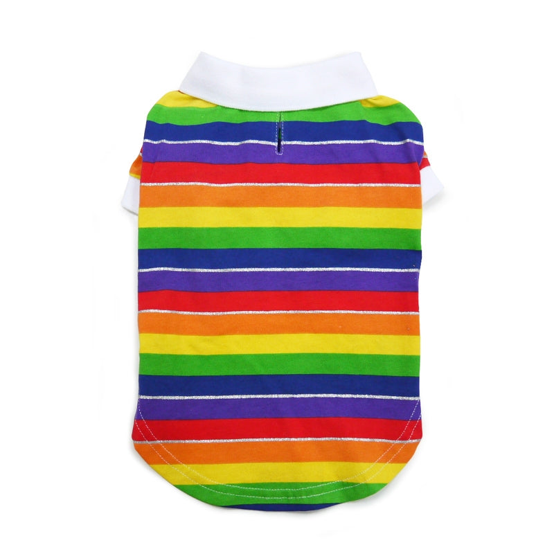 Dog polo shirt back view with rainbow horizontal stripes and white neck band