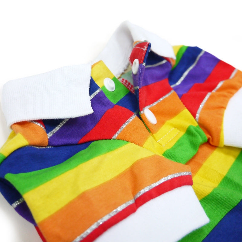 Rainbow striped polo shirt front detail with white collar and buttoned placket
