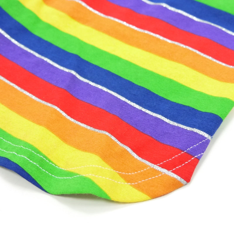 Close-up rainbow striped fabric panel with stitched hem edge