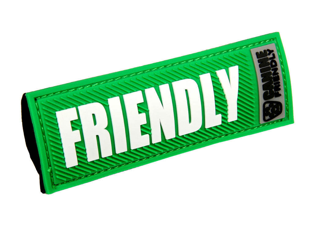 Green slide-on dog safety badge with FRIENDLY text patch