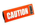 Orange slide-on pet safety badge with bold CAUTION text and paw icon