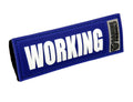 Blue slide-on dog safety badge with 'WORKING' lettering and Bark Notes graphic