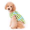 Dog wearing green and white striped pet tank top with light blue neck opening
