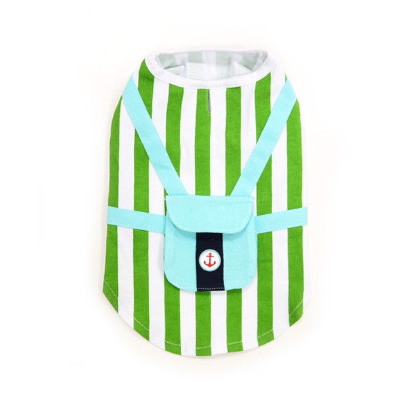 Green and white striped dog tank top with light blue cross-back harness straps