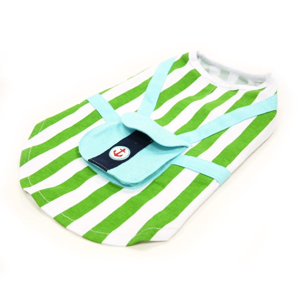 Green and white striped dog tank top with light blue neck and chest panel