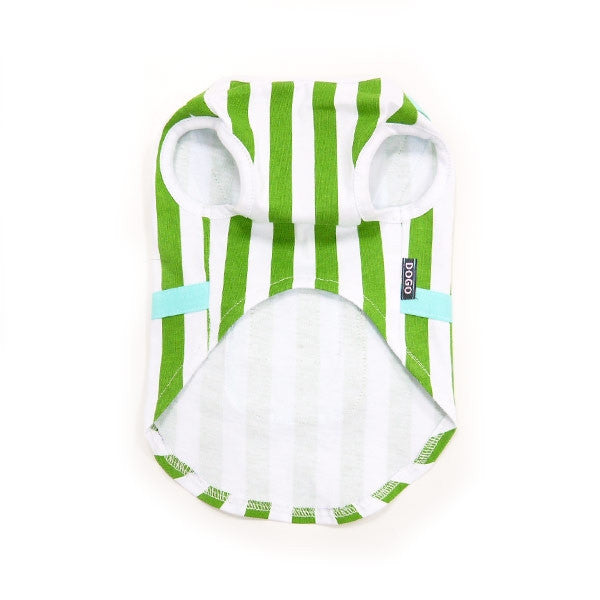 Green and white striped dog tank top with light blue trim and open back