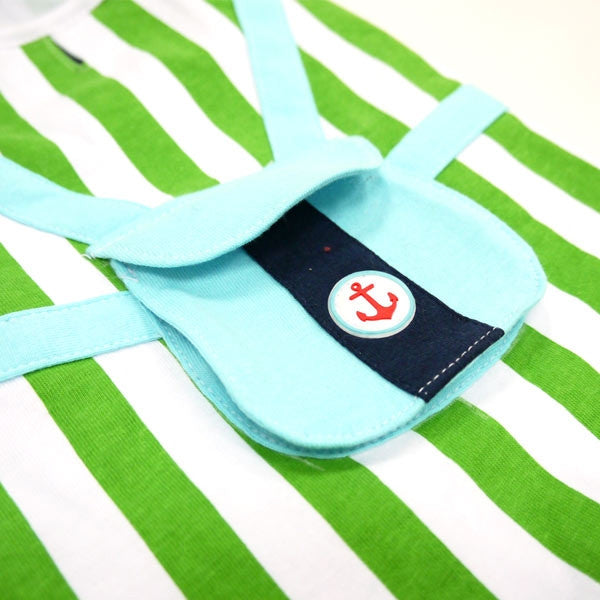 Anchor emblem on dark pocket with light blue trim over green and white stripes