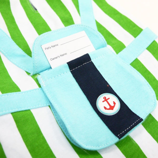 Striped dog tank top with light blue name tag holder and anchor emblem pocket
