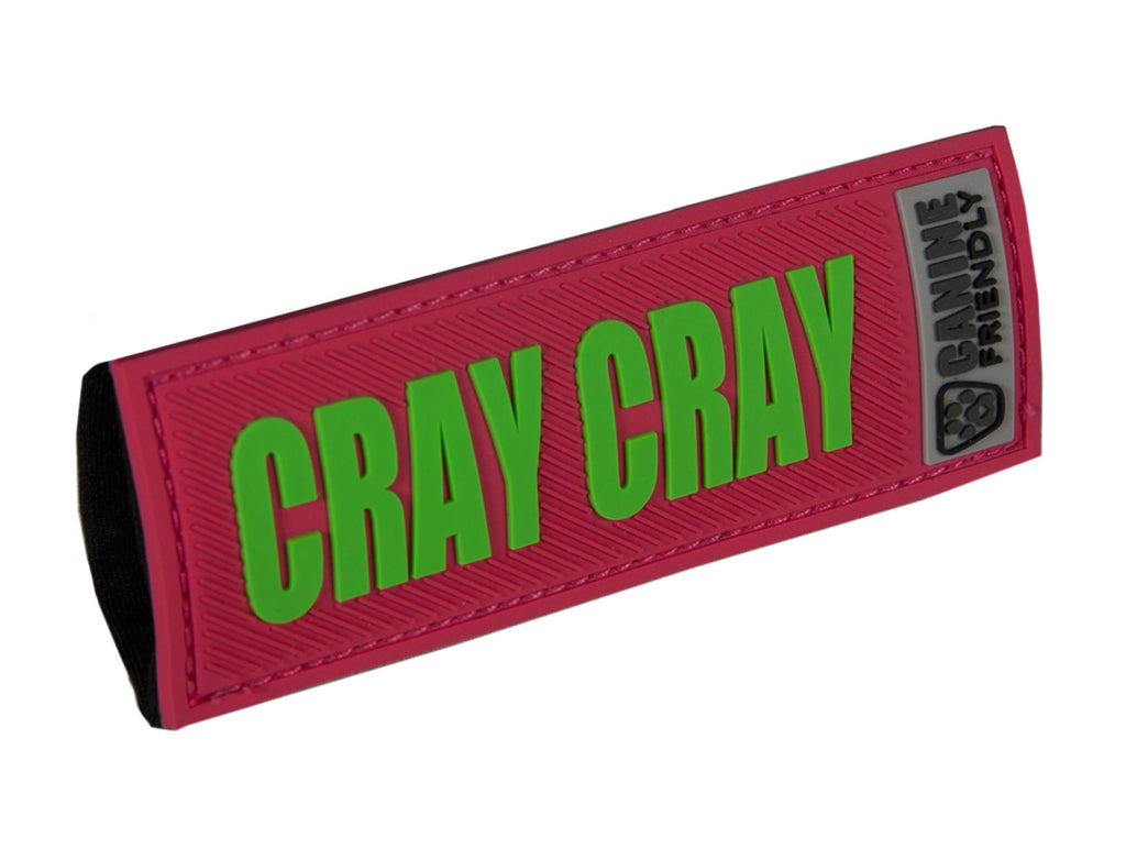 Red dog safety slide-on badge with green “CRAY CRAY” text