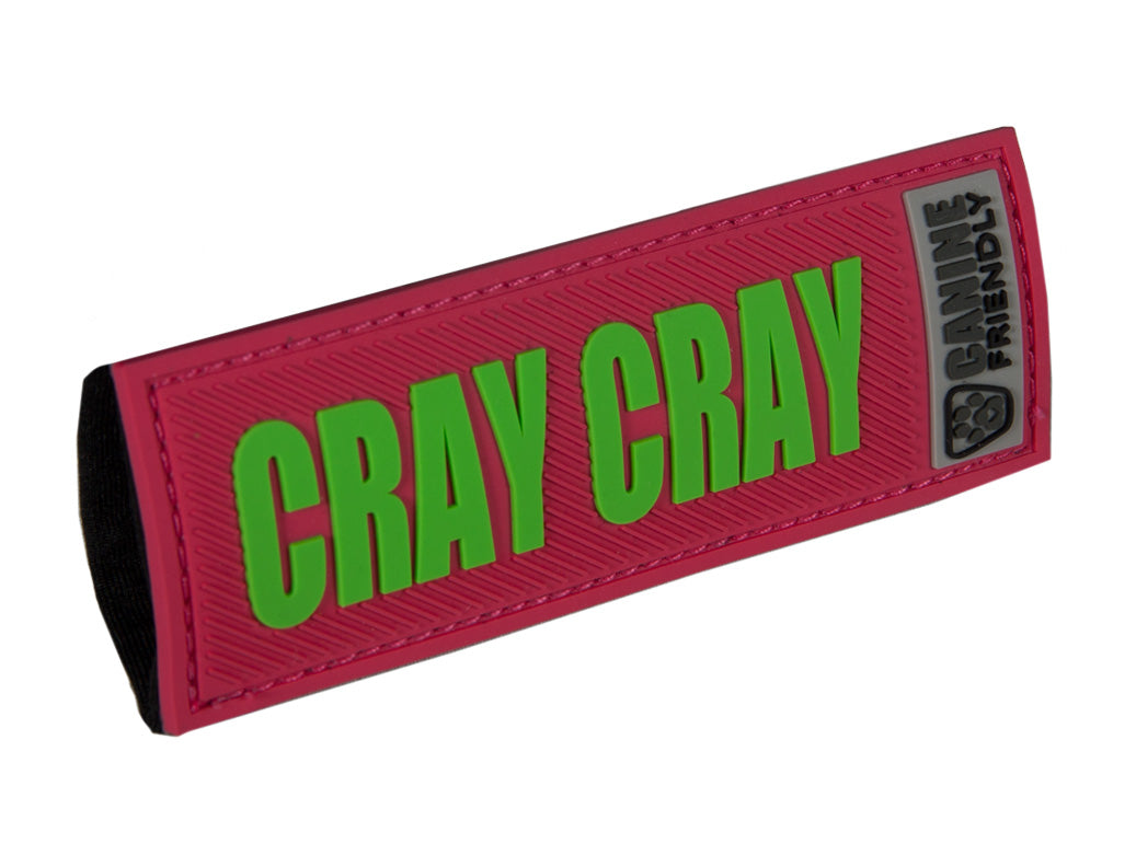 Red dog safety slide-on badge with green “CRAY CRAY” text