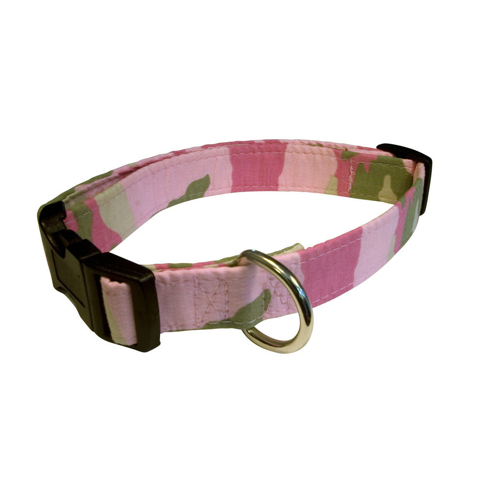 Pink camouflage dog collar with black buckle and metal D-ring, adjustable strap.