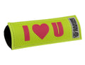 Lime green slide-on dog safety badge with red heart and 'I' 'U' letters