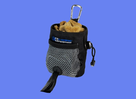 Gray mesh dog treat bag with black top, carabiner clip and drawstring; holds treats