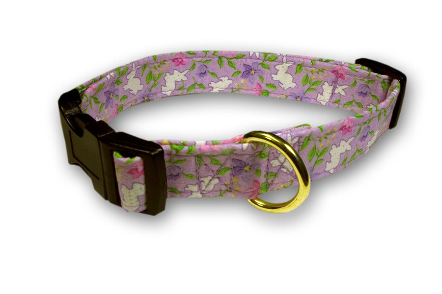 Bunny-pattern dog collar in purple floral fabric, black strap with gold ring