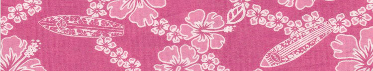 Close-up of pink fabric with white floral and surfboard print for dog collar