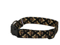 Fleur de lis dog collar with black base and gold floral pattern, plastic buckle closure