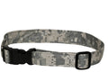Desert camo dog collar with black buckle and adjustable strap
