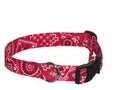 Elmo's Closet rodeo dog collar, red patterned fabric with black buckle and D-ring