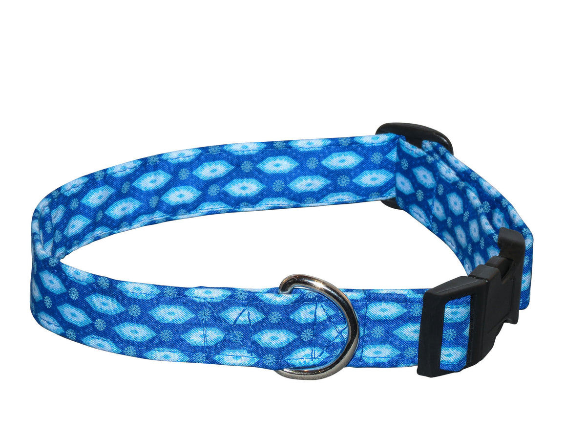 Elmo's Closet blue hex dog collar with metal D-ring and black buckle