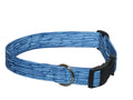 Blue striped fabric dog collar with black adjustable buckle and metal D-ring