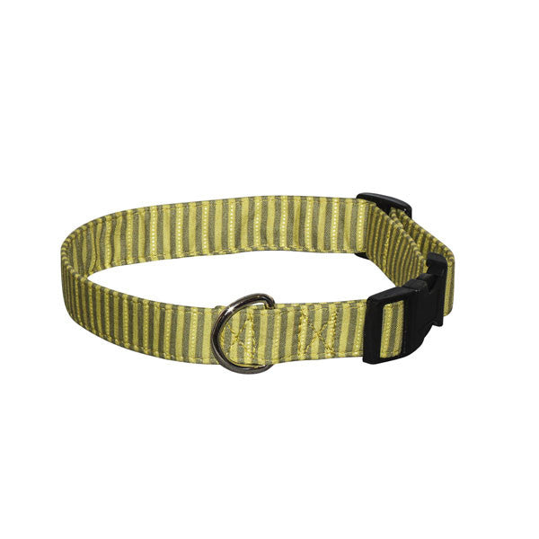 Moss green striped dog collar with black buckle and D-ring